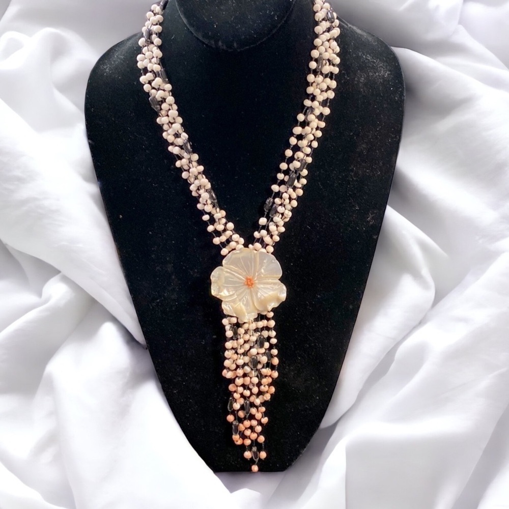 Handmade 15” Coral and Mother of Pearl Tassel Style Necklace